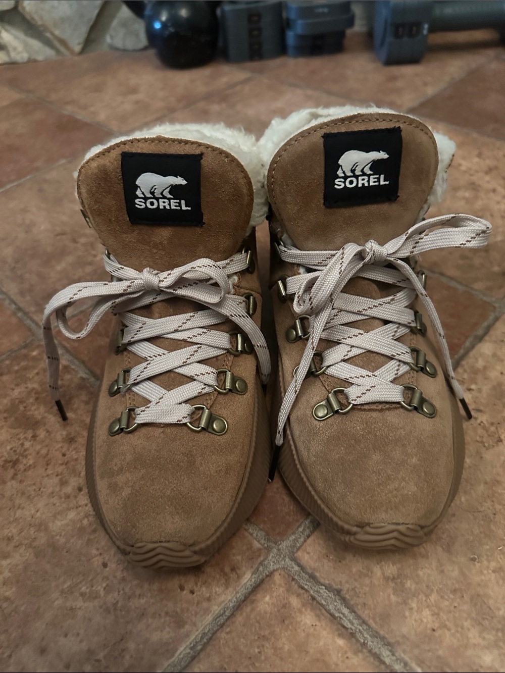 Sorel Tan Suede Lace-Up Shearling Winter Boots, Women’s Size 6.5, $50
